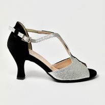 Scarpa da ballo donna latino americano liscio da sala spuntata camoscio nero glitter argento suola bufalo tacco 70 rocchetto