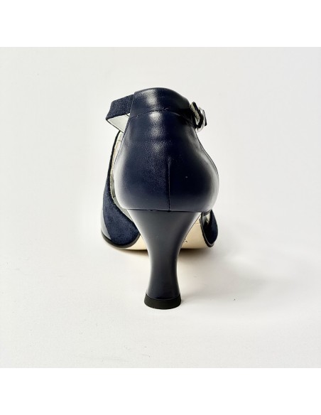 Scarpa da ballo donna ballo da sala liscio latino tango pelle e nabuk polvere blu suola cuoio pomiciato tacco 70 rocchetto