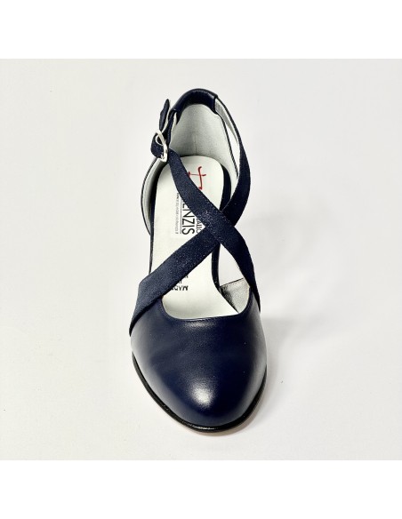 Scarpa da ballo donna ballo da sala liscio latino tango pelle e nabuk polvere blu suola cuoio pomiciato tacco 70 rocchetto