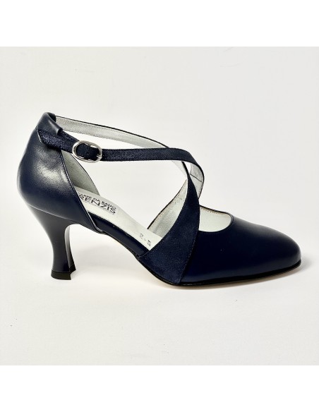 Scarpa da ballo donna ballo da sala liscio latino tango pelle e nabuk polvere blu suola cuoio pomiciato tacco 70 rocchetto