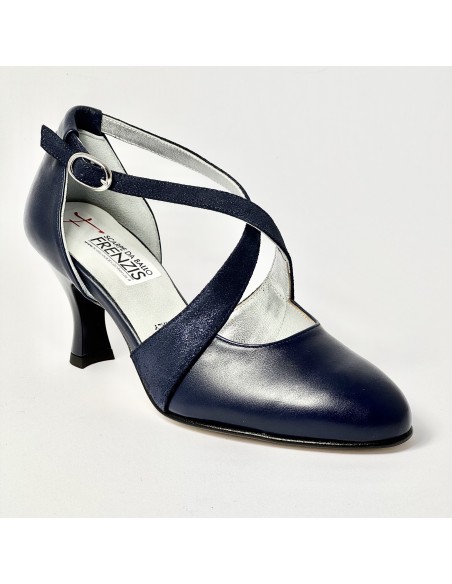 Scarpa da ballo donna ballo da sala liscio latino tango pelle e nabuk polvere blu suola cuoio pomiciato tacco 70 rocchetto