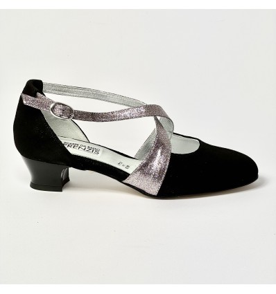 Scarpa da ballo donna ballo da sala liscio nabuk polvere nero glitter arcobaleno suola cuoio pomiciato tacco 30 largo
