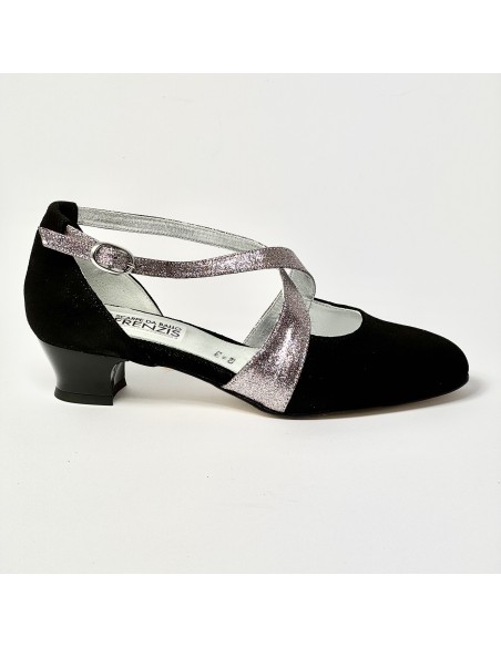 Scarpa da ballo donna ballo da sala liscio nabuk polvere nero glitter arcobaleno suola cuoio pomiciato tacco 30 largo