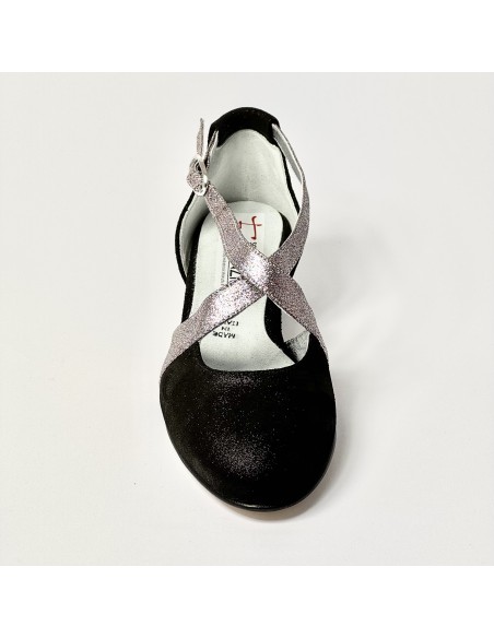 Scarpa da ballo donna ballo da sala liscio nabuk polvere nero glitter arcobaleno suola cuoio pomiciato tacco 30 largo