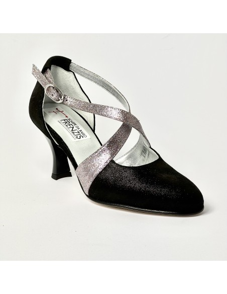 Scarpa da ballo donna ballo da sala liscio nabuk polvere nero glitter arcobaleno suola cuoio pomiciato tacco 70 rocchetto