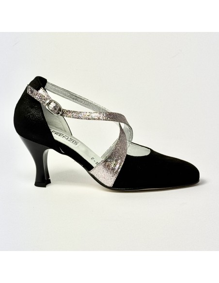Scarpa da ballo donna ballo da sala liscio nabuk polvere nero glitter arcobaleno suola cuoio pomiciato tacco 70 rocchetto