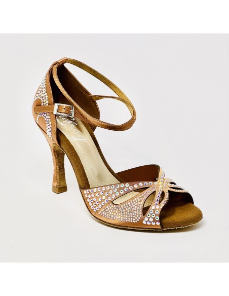 Scarpa da ballo donna latino americano ballo da sala liscio tango memory raso carne strass suola bufalo tacco 90 stiletto