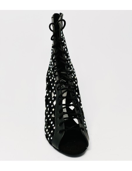 Stivaletto da ballo donna latino americano salsa bachata kizomba heels pelle raso nero strass suola bufalo tacco 85 stiletto