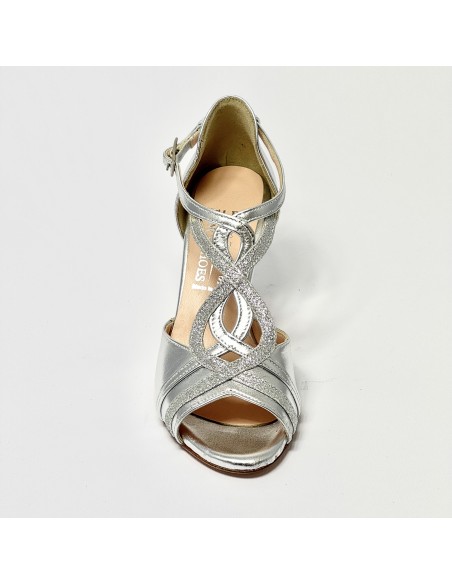 Scarpa da ballo donna latino americano ballo da sala liscio pelle glitter argento suola cuoio tacco 70 rocchetto