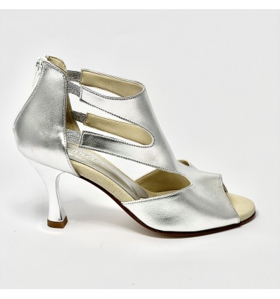 Scarpa da ballo donna latino americano ballo da sala liscio tomaia argento suola cuoio tacco 80