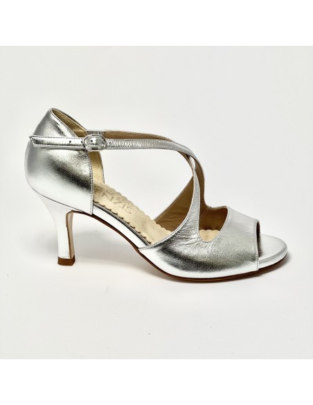 Scarpa da ballo donna tango argentino latino americano liscio da sala spuntata pelle argento suola cuoio tacco 70 sottile