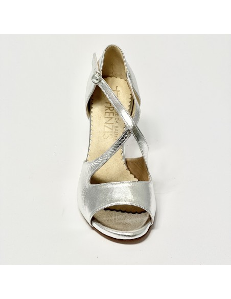 Scarpa da ballo donna tango argentino latino americano liscio da sala spuntata pelle argento suola cuoio tacco 70 sottile