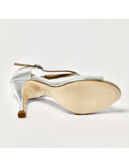 Scarpa da ballo donna tango argentino latino americano liscio da sala spuntata pelle argento suola cuoio tacco 90 sottile