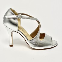 Scarpa da ballo donna tango argentino latino americano liscio da sala spuntata pelle argento suola cuoio tacco 90 sottile