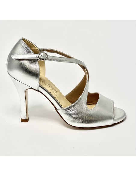 Scarpa da ballo donna tango argentino latino americano liscio da sala spuntata pelle argento suola cuoio tacco 90 sottile