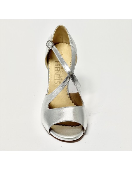 Scarpa da ballo donna tango argentino latino americano liscio da sala spuntata pelle argento suola cuoio tacco 90 sottile