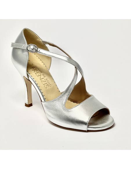 Scarpa da ballo donna tango argentino latino americano liscio da sala spuntata pelle argento suola cuoio tacco 90 sottile