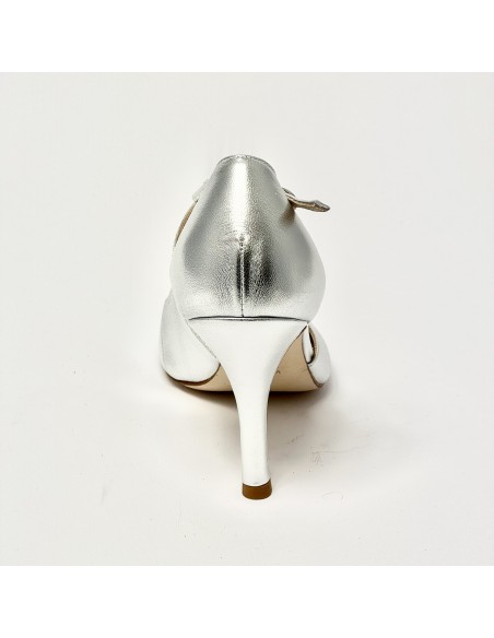 Scarpa da ballo donna tango argentino latino americano liscio da sala spuntata pelle argento suola cuoio tacco 90 sottile
