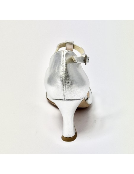 Scarpa da ballo donna liscio da sala standard punta chiusa pelle argento suola cuoio tacco 70 rocchetto