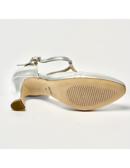 Scarpa da ballo donna liscio da sala standard punta chiusa pelle argento suola cuoio tacco 70 rocchetto
