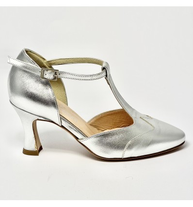 Scarpa da ballo donna liscio da sala standard punta chiusa pelle argento suola cuoio tacco 70 rocchetto