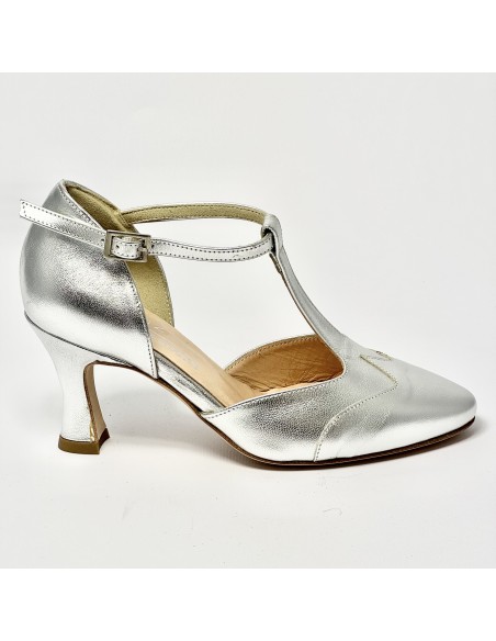 Scarpa da ballo donna liscio da sala standard punta chiusa pelle argento suola cuoio tacco 70 rocchetto