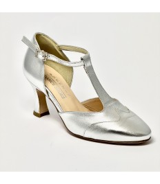 Scarpa da ballo donna liscio da sala standard punta chiusa pelle argento suola cuoio tacco 70 rocchetto