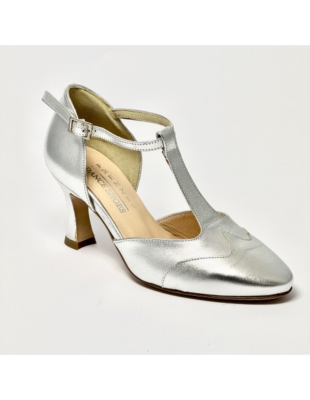 Scarpa da ballo donna liscio da sala standard punta chiusa pelle argento suola cuoio tacco 70 rocchetto