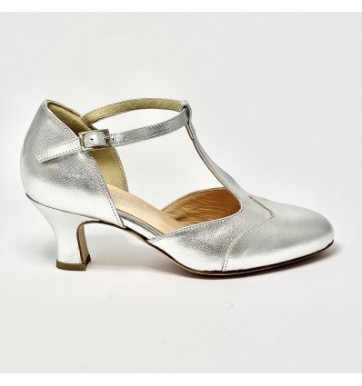Scarpa da ballo donna liscio da sala standard punta chiusa pelle argento suola cuoio tacco 50