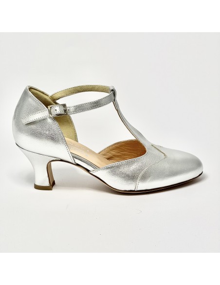 Scarpa da ballo donna liscio da sala standard punta chiusa pelle argento suola cuoio tacco 50