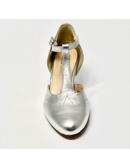 Scarpa da ballo donna liscio da sala standard punta chiusa pelle argento suola cuoio tacco 50