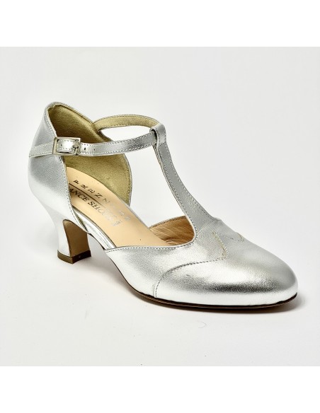 Scarpa da ballo donna liscio da sala standard punta chiusa pelle argento suola cuoio tacco 50