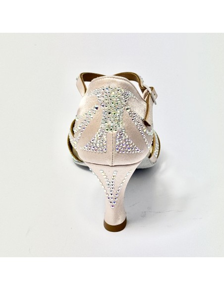 Scarpa da ballo donna latino americano ballo da sala liscio raso cipria strass boreali suola bufalo tacco 70 rocchetto