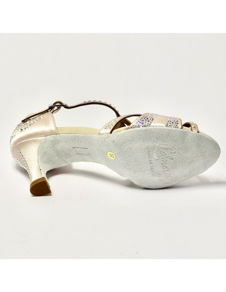 Scarpa da ballo donna latino americano ballo da sala liscio raso cipria strass boreali suola bufalo tacco 70 rocchetto