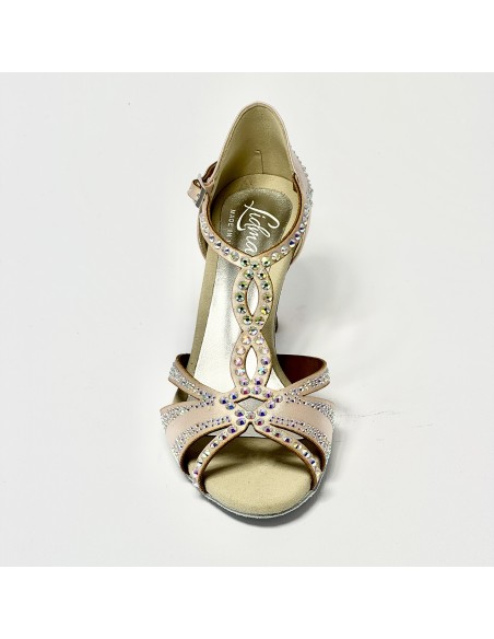 Scarpa da ballo donna latino americano ballo da sala liscio raso cipria strass boreali suola bufalo tacco 70 rocchetto