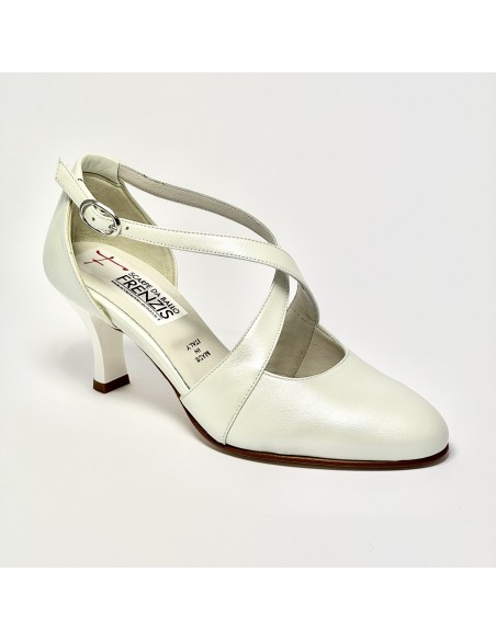 Scarpa da ballo donna ballo da sala liscio cerimonia sposa pelle bianco perlato suola cuoio pomiciato tacco 65 rocchetto