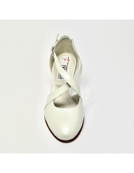 Scarpa da ballo donna ballo da sala liscio cerimonia sposa pelle bianco perlato suola cuoio pomiciato tacco 65 rocchetto