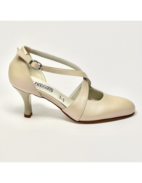 Scarpa da ballo donna ballo da sala liscio cerimonia sposa memory pelle avorio perlato suola cuoio pomiciato tacco 65 rocchetto
