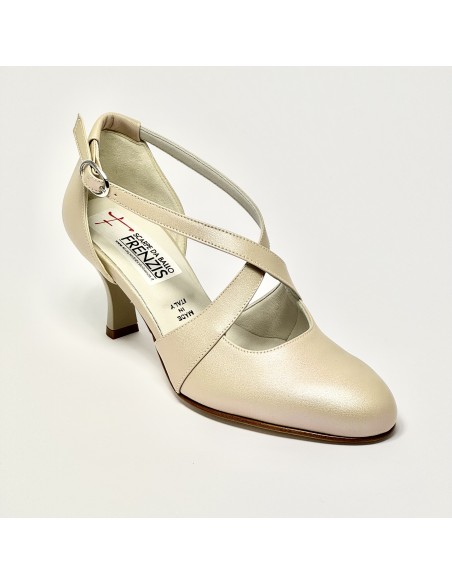 Scarpa da ballo donna ballo da sala liscio cerimonia sposa memory pelle avorio perlato suola cuoio pomiciato tacco 65 rocchetto