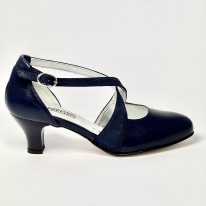 Scarpa da ballo donna ballo da sala liscio latino tango pelle e nabuk polvere blu suola cuoio pomiciato tacco 50