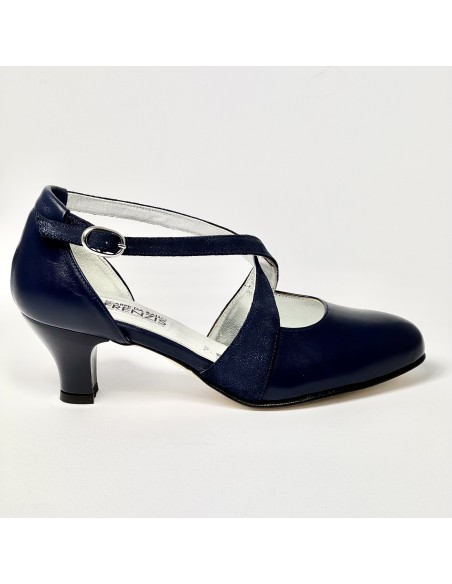 Scarpa da ballo donna ballo da sala liscio latino tango pelle e nabuk polvere blu suola cuoio pomiciato tacco 50