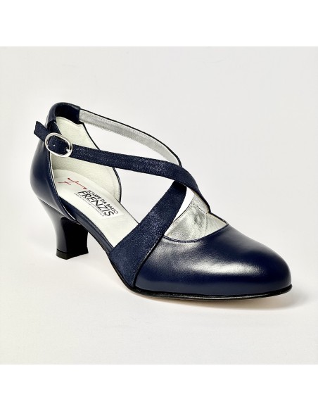 Scarpa da ballo donna ballo da sala liscio latino tango pelle e nabuk polvere blu suola cuoio pomiciato tacco 50