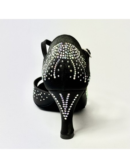Scarpa da ballo donna latino americano liscio da sala raso nero tutta strass suola bufalo tacco 70 rocchetto