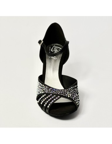 Scarpa da ballo donna latino americano liscio da sala raso nero tutta strass suola bufalo tacco 70 rocchetto