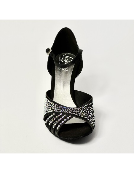 Scarpa da ballo donna latino americano liscio da sala raso nero tutta strass suola bufalo tacco 70 rocchetto