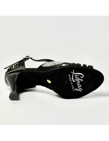 Scarpa da ballo donna latino americano liscio da sala raso nero tutta strass suola bufalo tacco 70 rocchetto