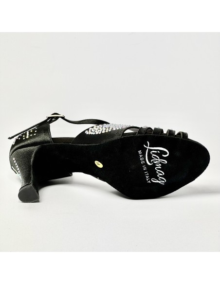 Scarpa da ballo donna latino americano liscio da sala raso nero tutta strass suola bufalo tacco 70 rocchetto
