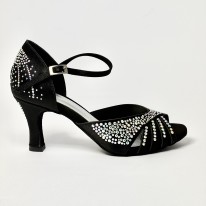 Scarpa da ballo donna latino americano liscio da sala raso nero tutta strass suola bufalo tacco 70 rocchetto
