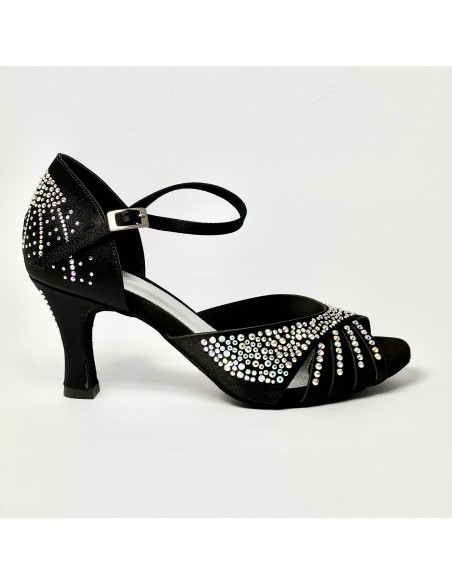 Scarpa da ballo donna latino americano liscio da sala raso nero tutta strass suola bufalo tacco 70 rocchetto