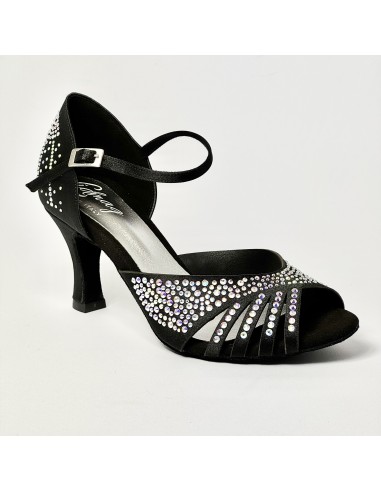 Scarpa da ballo donna latino americano liscio da sala raso nero tutta strass suola bufalo tacco 70 rocchetto